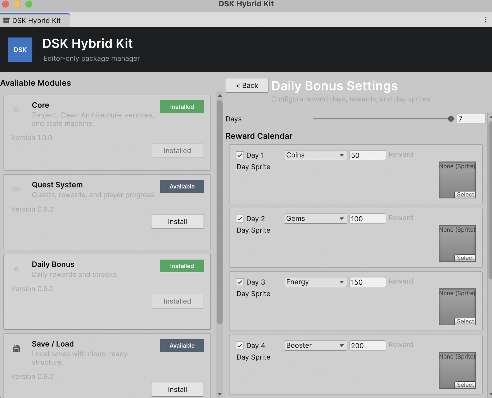 DSK Hybrid Kit daily bonus settings screen with reward calendar controls