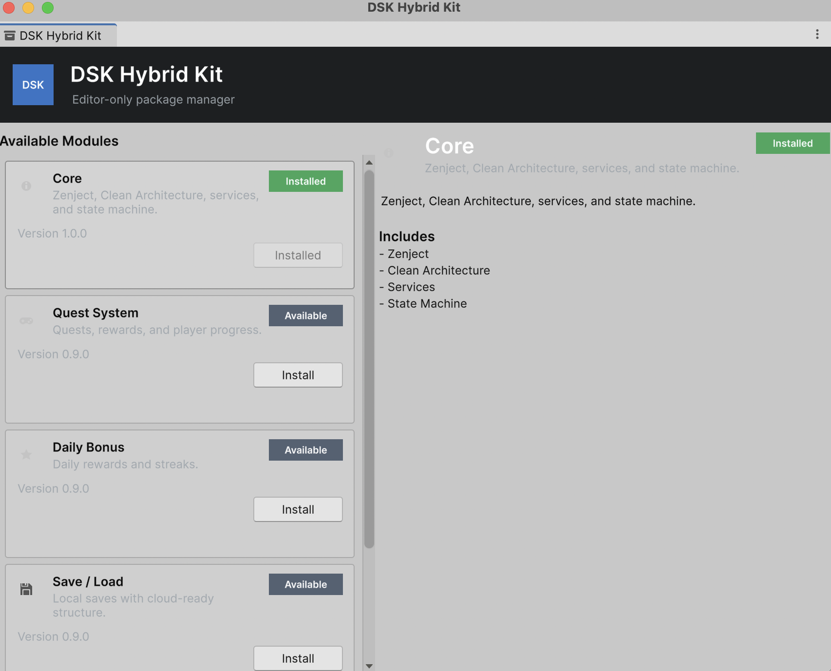 DSK Hybrid Kit Unity package interface with available modules and install buttons
